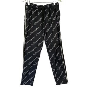 Champion Womens Track Pants Allover Logo Print Size Large Black Pockets Jogger